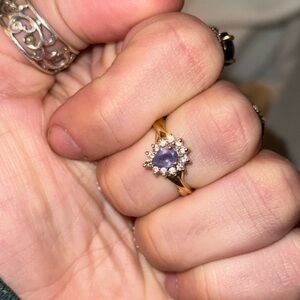 14K YELLOW GOLD PEAR SHAPED AMETHYST & .18K DIAMOND HALO RING (rare/vintage)